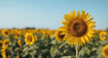Close shot of a lone wilted sunflower featuring copy space on wide sunflower field background
