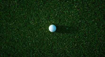 Overhead detailed shot of a golf ball on a vibrant green putting green with copy space for text and color and texture highlights