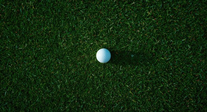 Overhead detailed shot of a golf ball on a vibrant green putting green with copy space for text and color and texture highlights