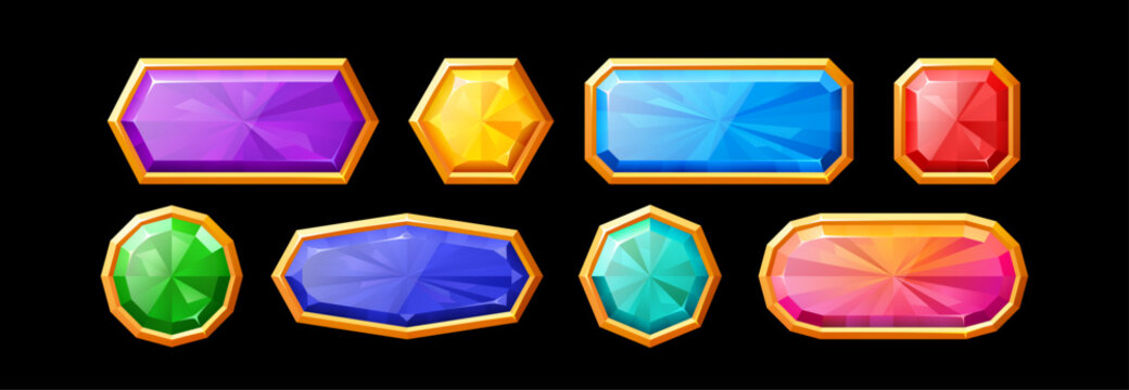 Diamond gem buttons with crystal frames and golden borders for fantasy UI design. Magic medieval icons of round jewels, rectangle stones and hexagon badges. Cartoon style assets for match 3 games.