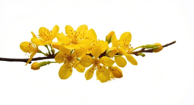 Bright yellow Ochna integerrima flower branch symbolizing springtime celebrations on white