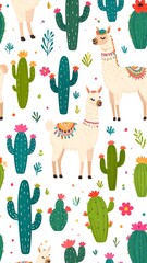 Obraz premium Repeating pattern with cartoon alpacas, cacti, and small floral accents, on a white backdrop