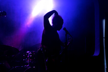 A dynamic shot capturing a musician performing on stage during a concert. The artist is silhouetted against vibrant purple and blue stage lighting, creating an energetic and dramatic mood.
