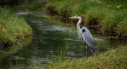 A proud heron along a winding river surrounded by greenery