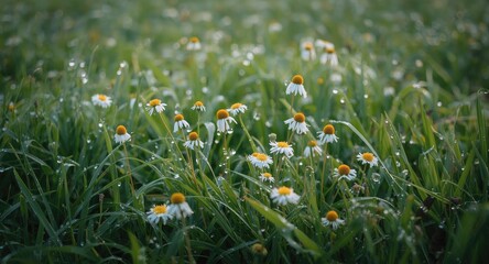 Dewy wildflowers flourishing in deep green grass during peaceful morning hours with copy space