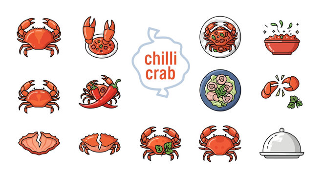 Chilli Crab Vector Icon Set - Singapore Seafood Cuisine Illustration