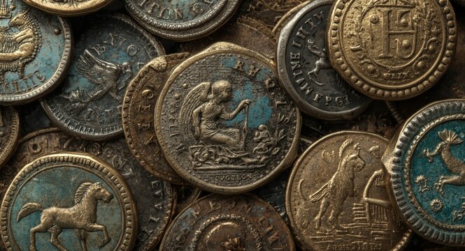 Ancient money coins like widows mite obol and lepton in detail