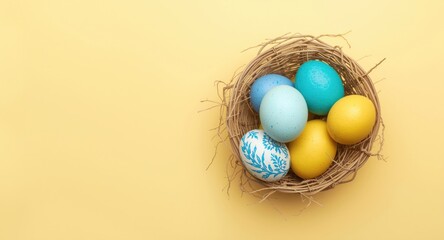 Obraz premium Basket of Easter eggs colored blue and yellow on a pastel background with copy space for wallpapers