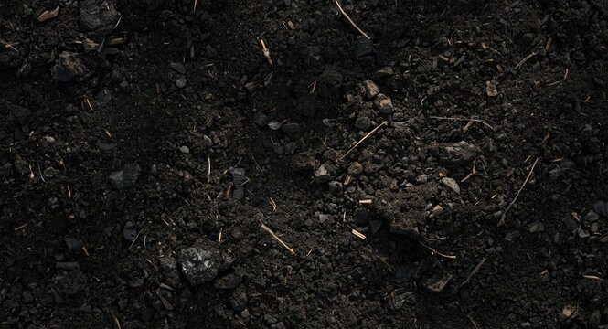close up of dark textured soil with subtle roughness and soft daylight background