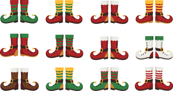 Christmas Elf Shoes Cartoon Collection with Colorful Pointed Boots and Striped Socks Holiday Vector Illustration Set