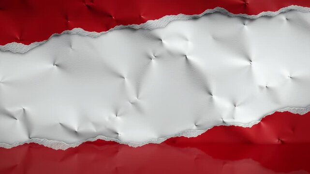 A close-up of a crumpled white and gray central sheet surrounded by vivid red background