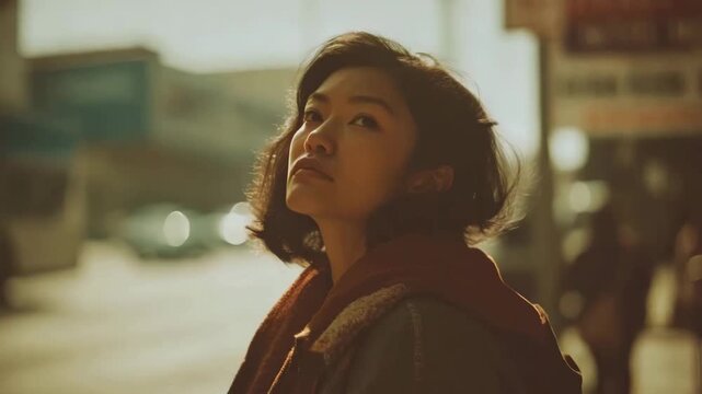 AAPI heritage modern street culture vintage film motion portrait in cinematic urban lifestyle scene, AAPI heritage modern street culture vintage film motion authentic Asian American identity story