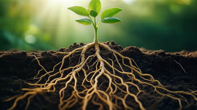 Vibrant young seedling with exposed roots growing in rich soil, slow motion, cinematic lighting, symbolizing growth and new beginnings