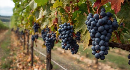 Black grape bunches on vine in autumn harvest scene with natural vineyard and copy space