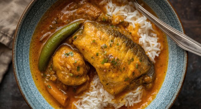 Delicious trevally fish curry with aromatic white rice in an elegant bowl showcasing bold spices and vivid hues