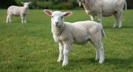 Naklejka premium Bright summer pet lamb standing on well kept green grass lawn with companions in background