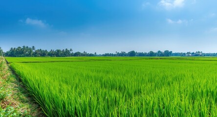 Verdant rice growing areas bordered by bright green plants under a clear sky