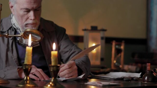 18th century man writing a letter with a quill pen