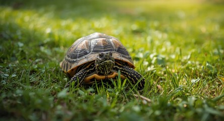 Obraz premium Cheerful pet turtle enjoying a green lawn with plants during warm summer day full length view