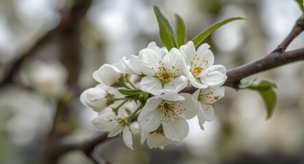 Obraz premium Delicate white flowers blooming on plum tree branch in spring