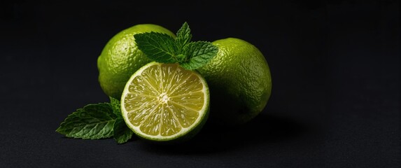 Close up studio image of fresh green limes sliced with mint leaves on dark background