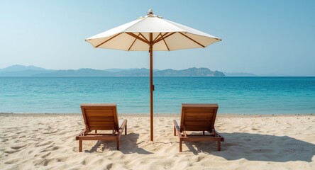 calm seaside view featuring reclining beach seats and a large shade umbrella