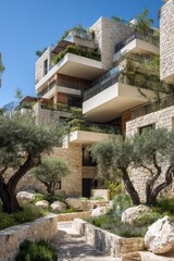Modern building complex with stone exterior, balconies, and greenery set in the Mediterranean under a sunny sky in daytime