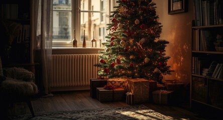 Cozy holiday room with Christmas tree and sunlit presents creating festive atmosphere