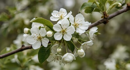 Obraz premium Detailed shot of white apple flowers blooming on tree limbs with a fresh springtime garden scene