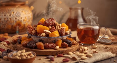 Fototapeta premium Sweet and savory Ramadan snack of mixed nuts and dried fruits complemented by Arabic tea