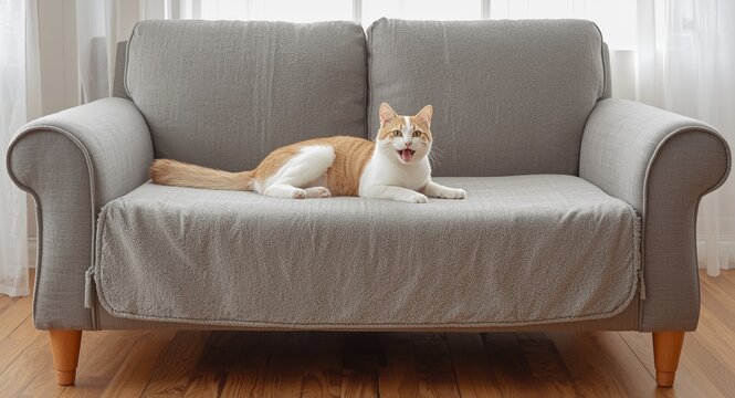 Cheerful pet cat scratching sofa with advanced scratch resistant cover
