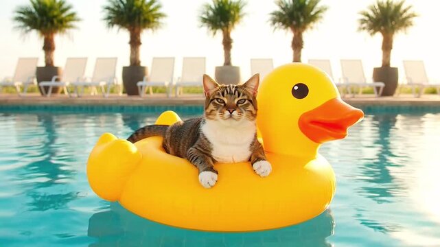 Cat floating on inflatable duck in swimming pool with palm trees and lounge 4k video