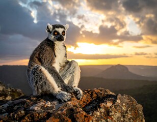 Fototapeta premium Ring-tailed lemur perched on a rock at sunset, gazing left over a valley landscape
