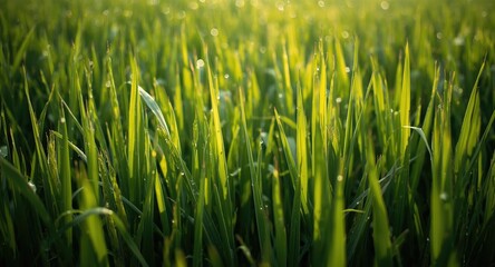 Cool morning light illuminates vibrant green rice plants with dew drops