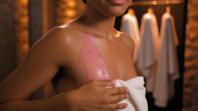 Woman applying pink wax strip to underarm hair removal in bathroom with towels