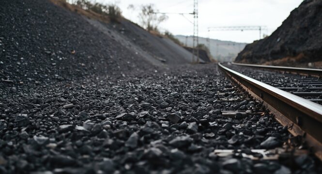 Coal ore and gravel close up along railway path leading to a zinc and lead mining facility