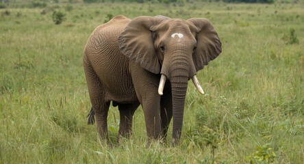 Obraz premium Bull elephant standing proud facing camera in extensive grassy area