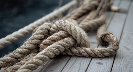 Close up of rugged marine ropes twisted on a ship deck highlighting nautical craftsmanship