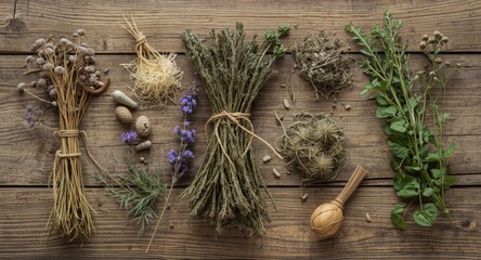 Naklejka premium Dry meadow herbs laid out on wood background for traditional healing