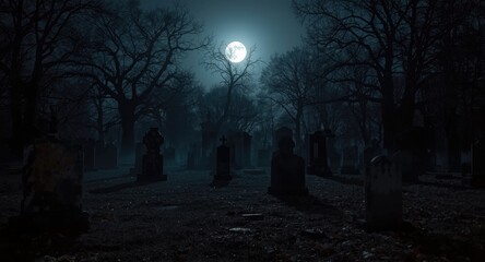 Dark and deserted graveyard scene lit by moonlight during Halloween with creepy tombstones