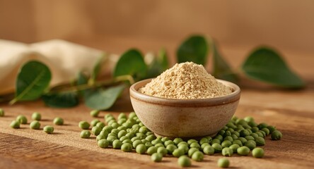Dietary supplement featuring plant based organic protein powder and green peas with leafy freshness in a gentle natural setting