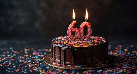 Obraz premium Celebratory 60th birthday chocolate cake with candle glow and festive confetti accents