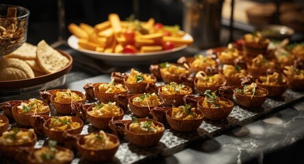 Fototapeta premium Delicious organic snacks served on catering spread for business party with copy space