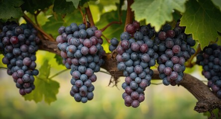 Fototapeta premium Bountiful nebbiolo grape clusters in a vineyard awaiting September picking