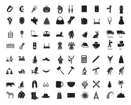 A collection of various objects in silhouette mode on a white background