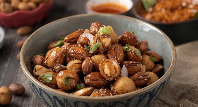 Asian style meal featuring whole kukui nuts for unique flavor