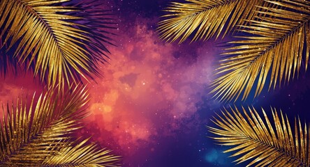 Fototapeta na wymiar Artistic pop art tropical layout with golden palm leaves highlighted on a dynamic blue to red neon gradient background and copy space