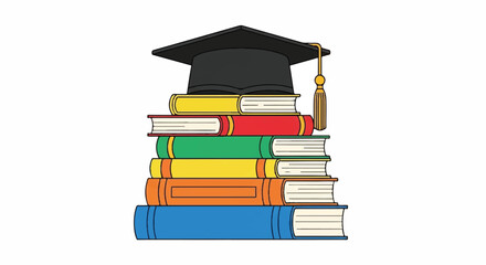 A graduation cap on top of a stack of colorful books, representing academic achievement and learning.
