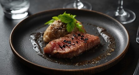 Elegant Scandinavian meal with dry-aged wagyu rib-eye steak, lambs lettuce, and black salt flakes