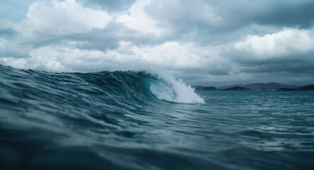 Close range view of a fluid wind generated wave beside a cloud filled horizon
